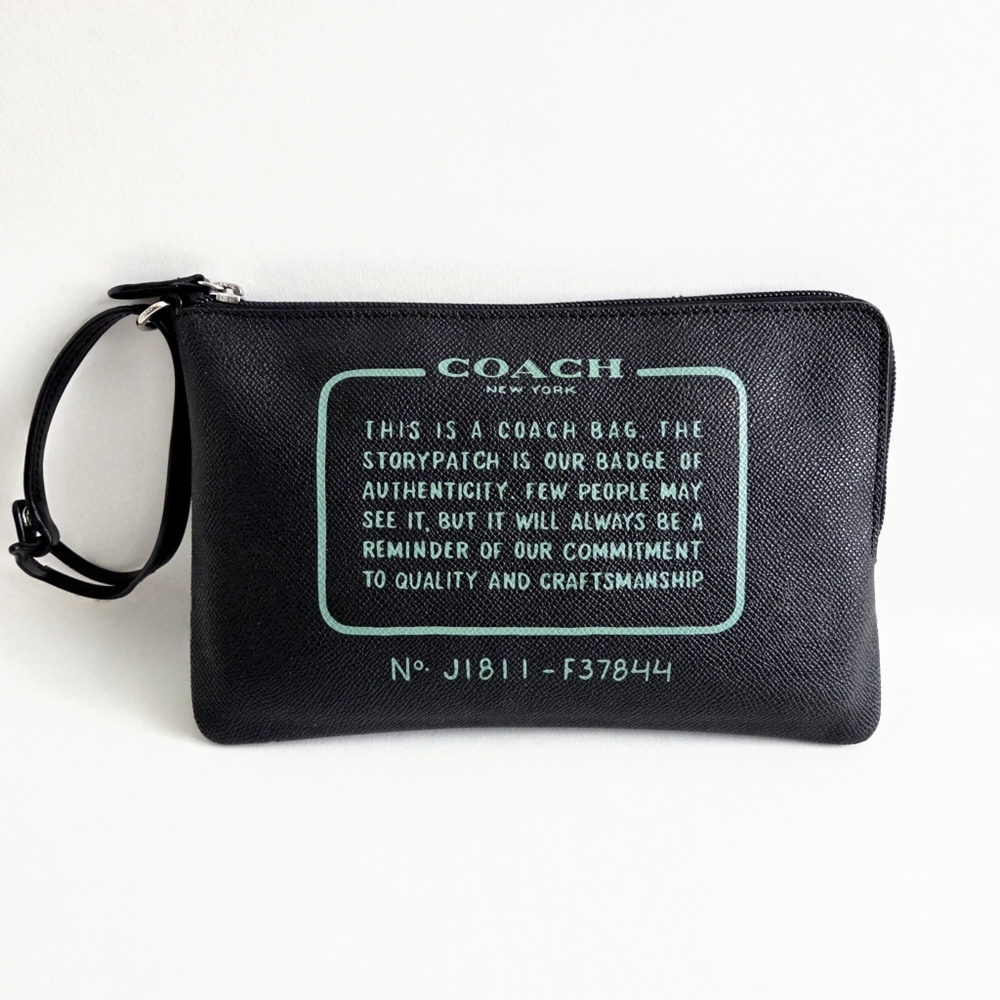 Coach Black Zippered Pouch With Large Teal Story Patch & Wrist Strap W/Snap - Picture 16 of 16
